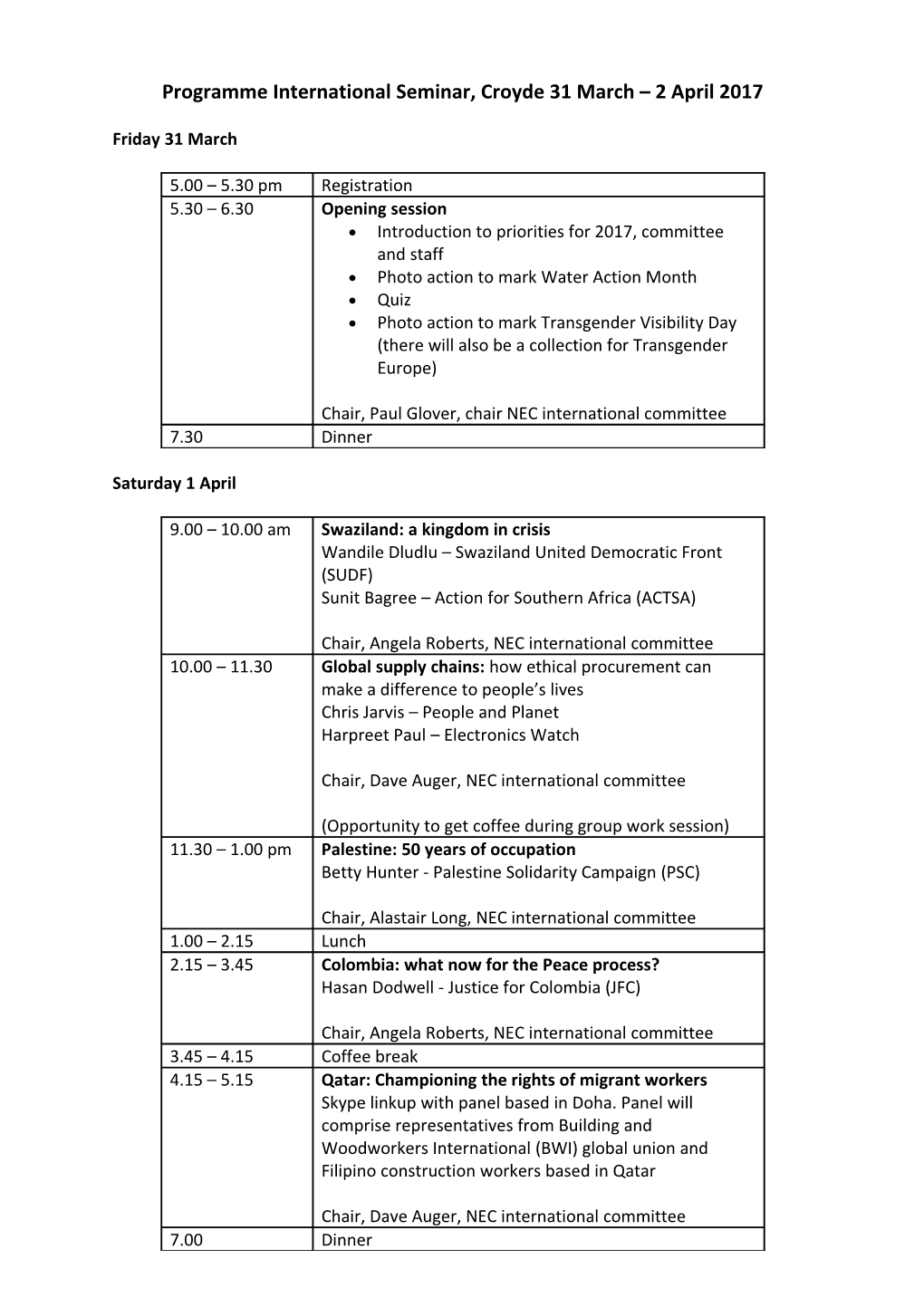 Programme International Seminar, Croyde 31 March 2 April 2017