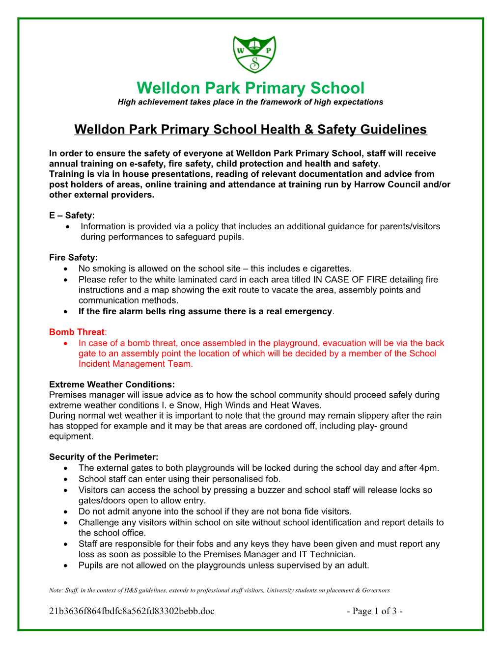 Grimsdyke School Health & Safety Guide