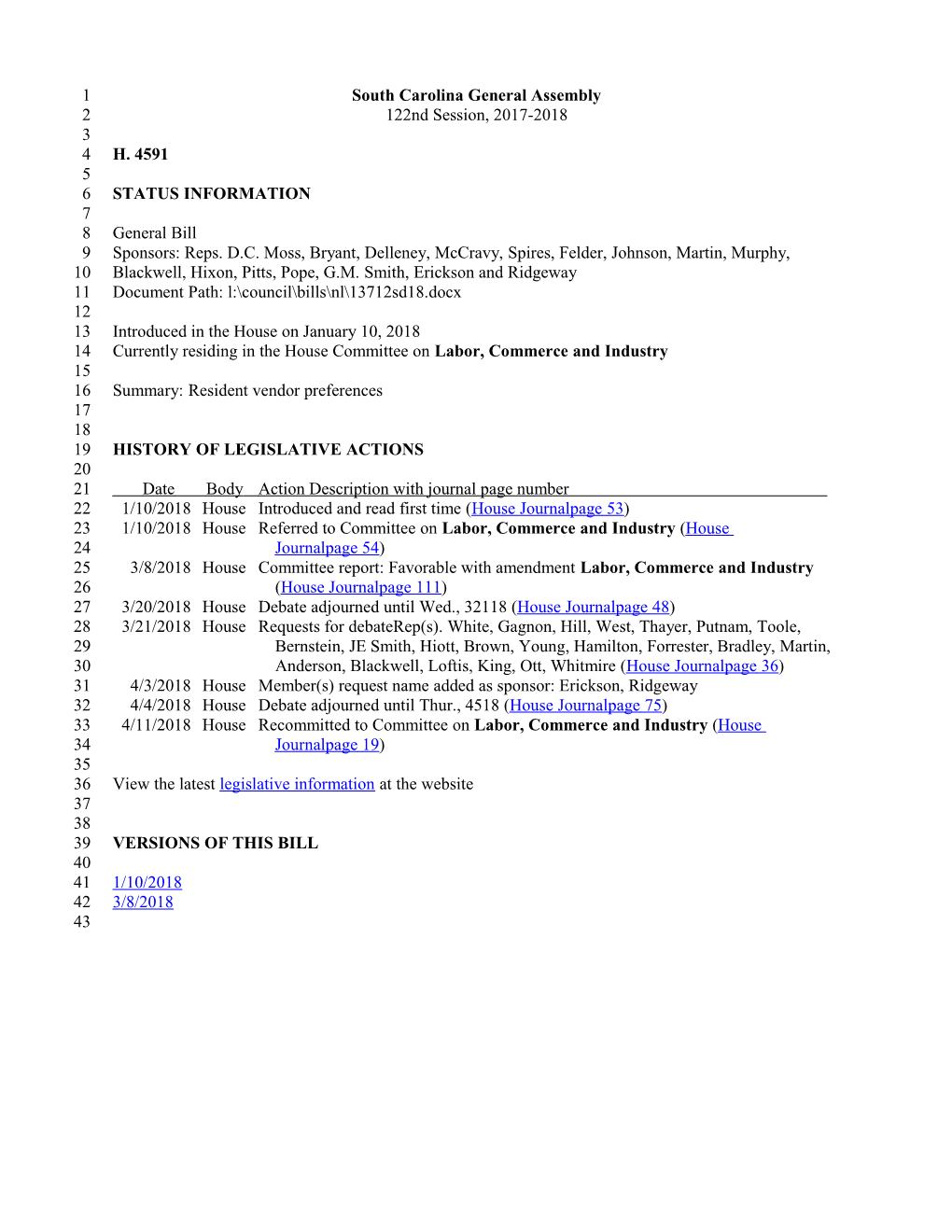 2017-2018 Bill 4591: Resident Vendor Preferences - South Carolina Legislature Online