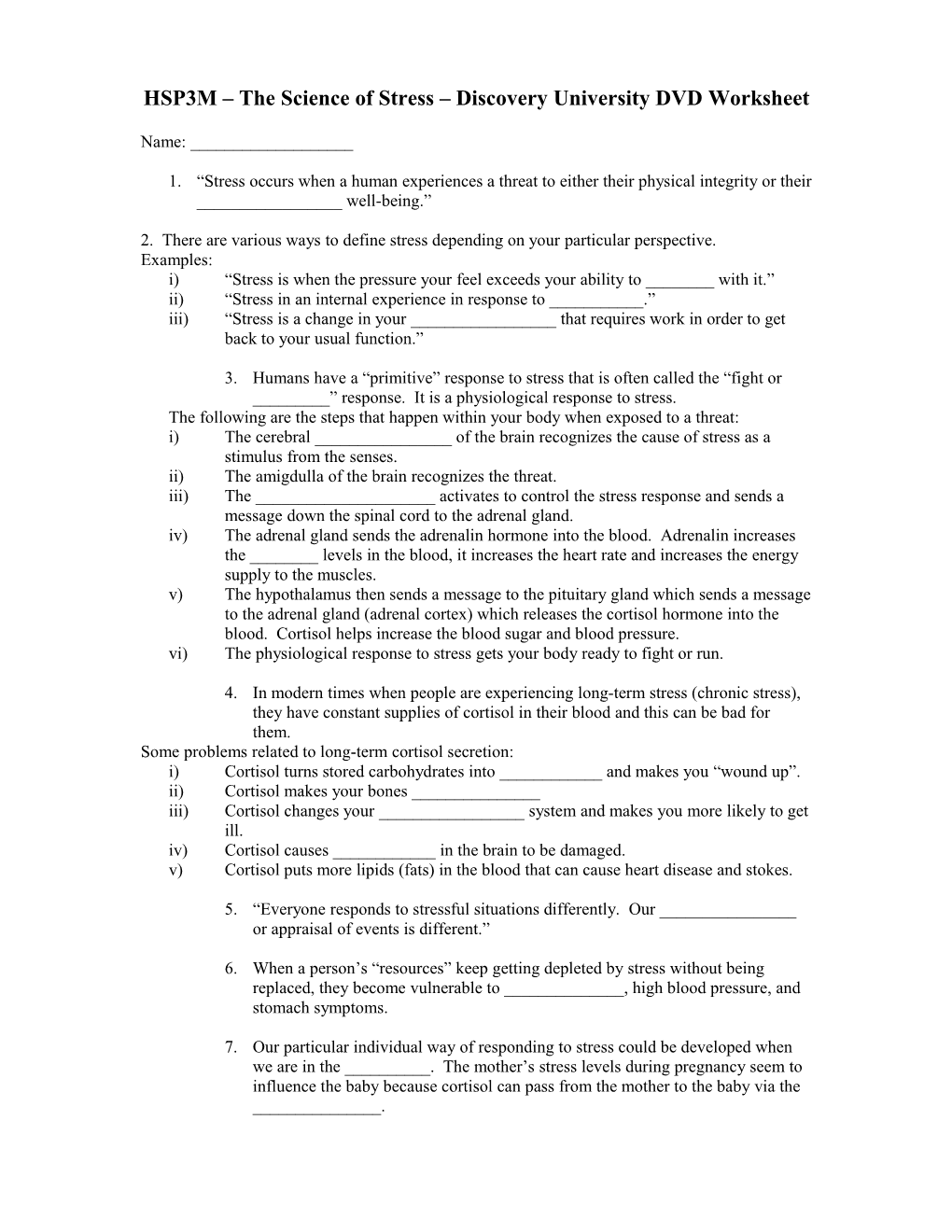 HSP3M the Science of Stress Discovery University DVD Worksheet