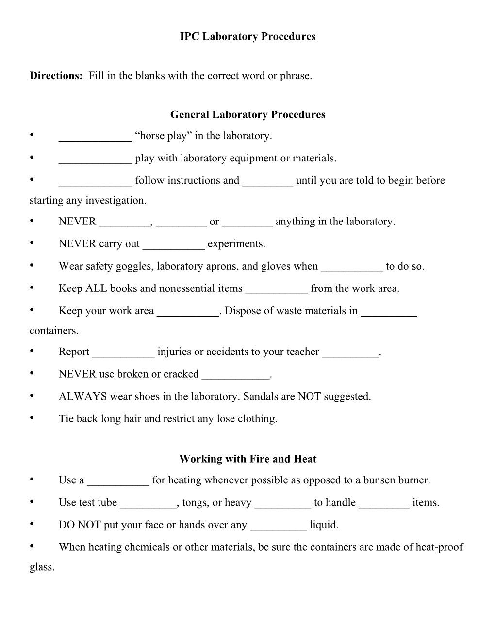 IPC Laboratory Procedures