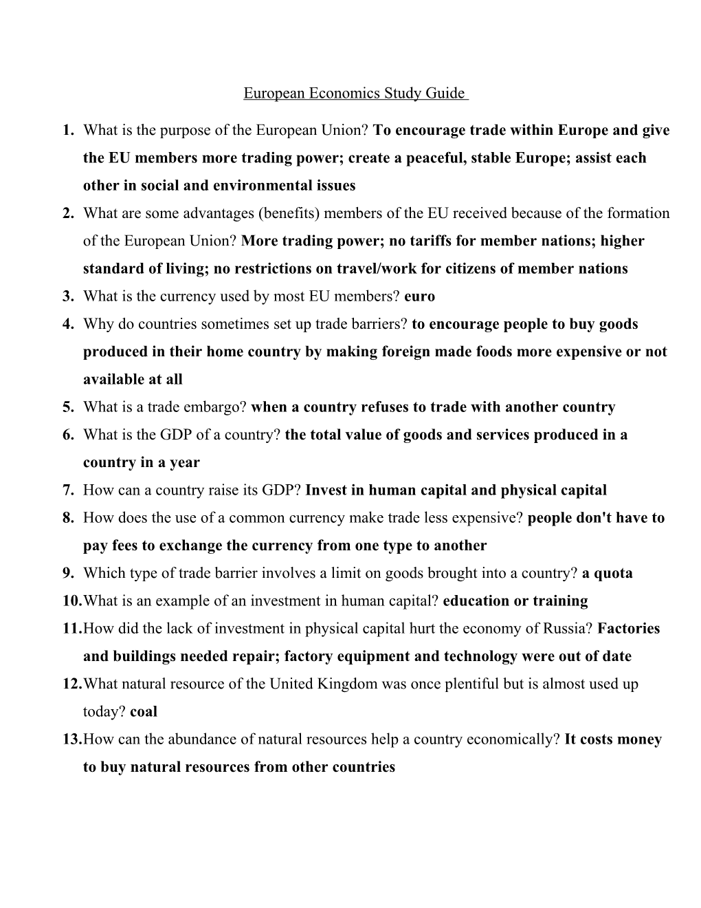 European Economics Review Questions