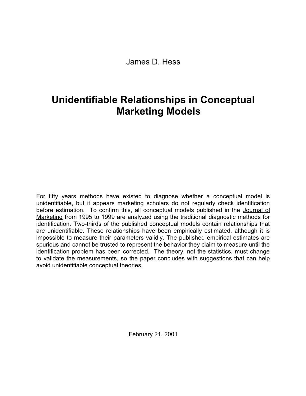 Unidentifiable Relationships in Conceptual Marketing Models