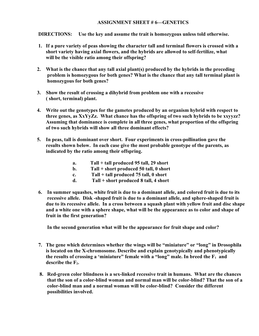 Assignment Sheet # 6 Genetics