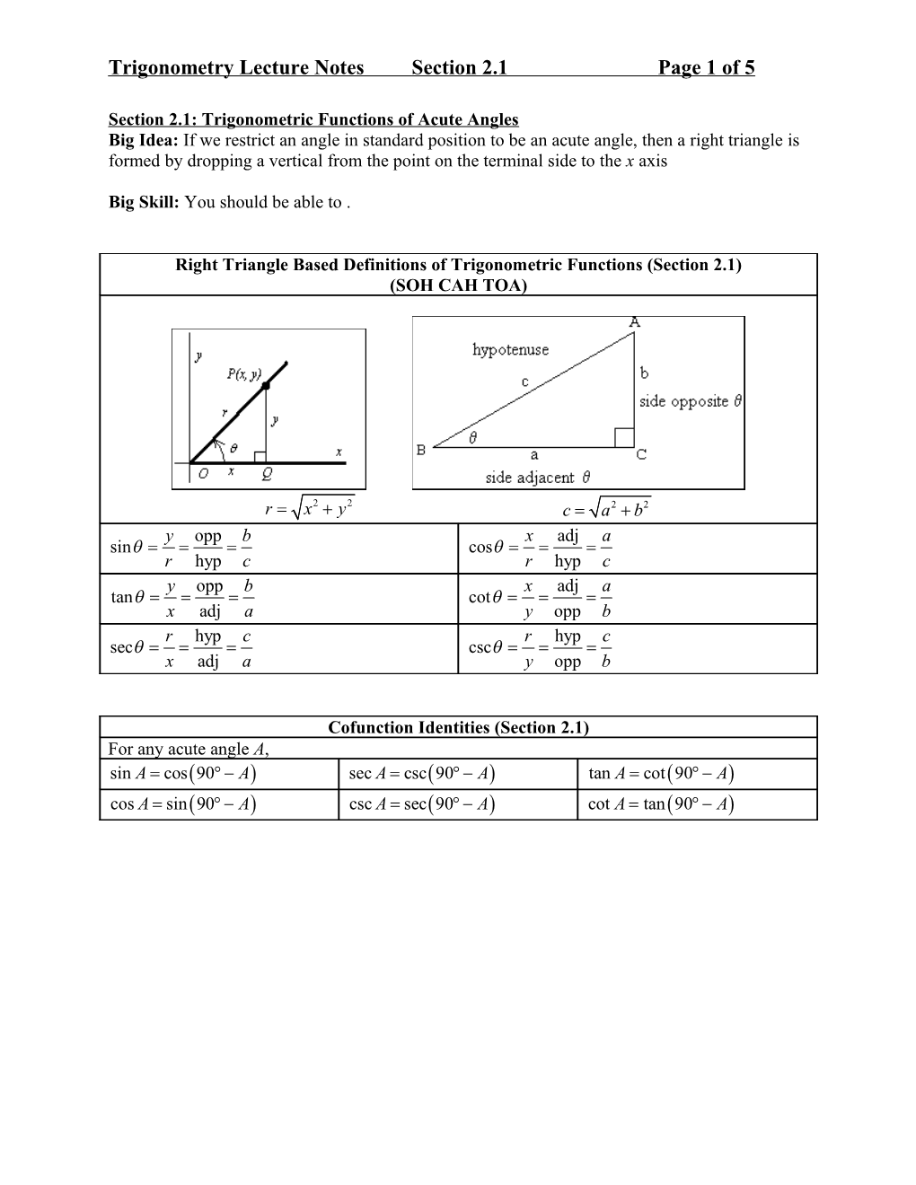 Trigonometry Lecture Notes, Section 2.1