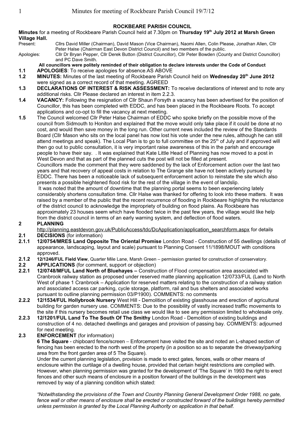 1 Minutes for Meeting of Rockbeare Parish Council 19/7/12