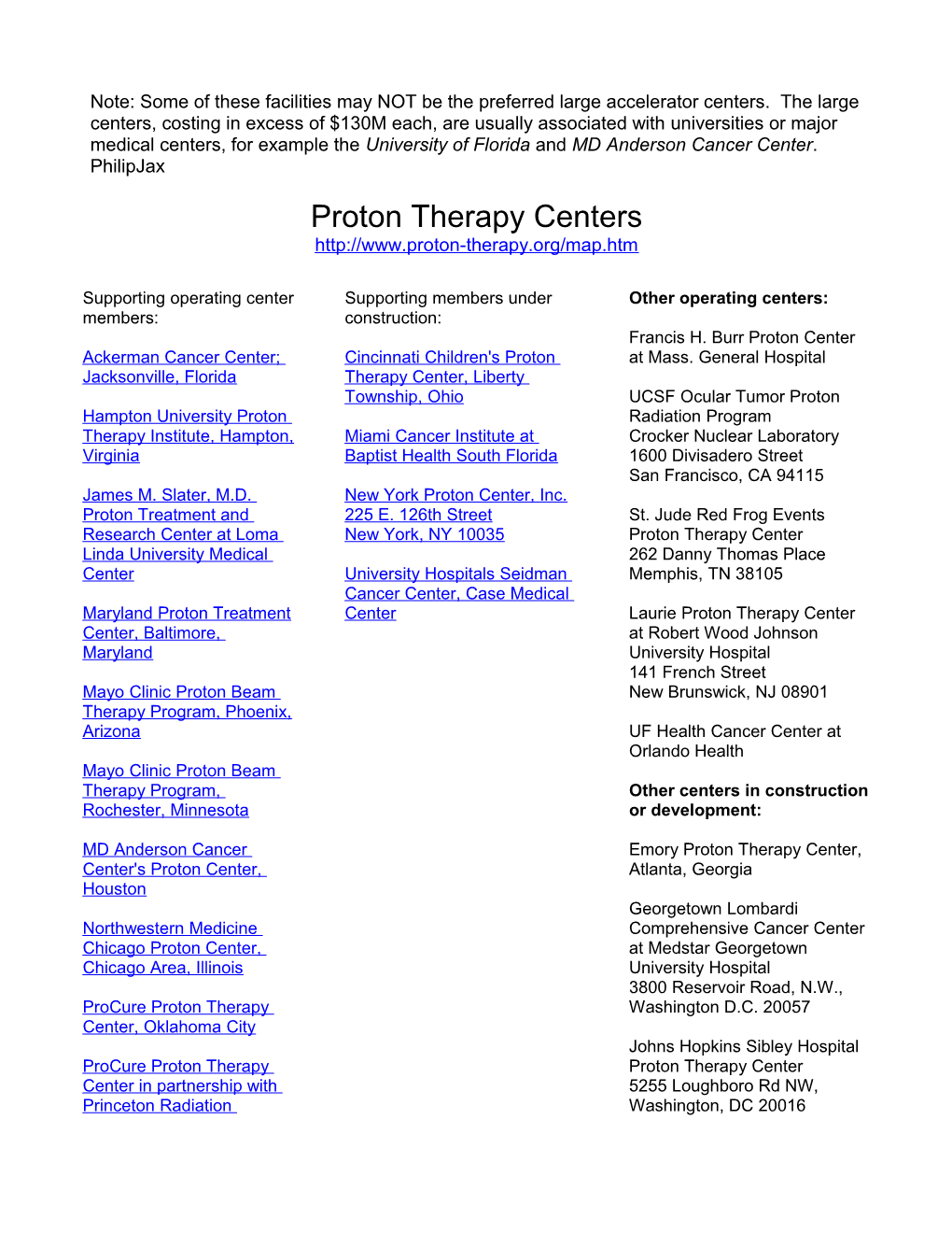 Proton Therapy Centers