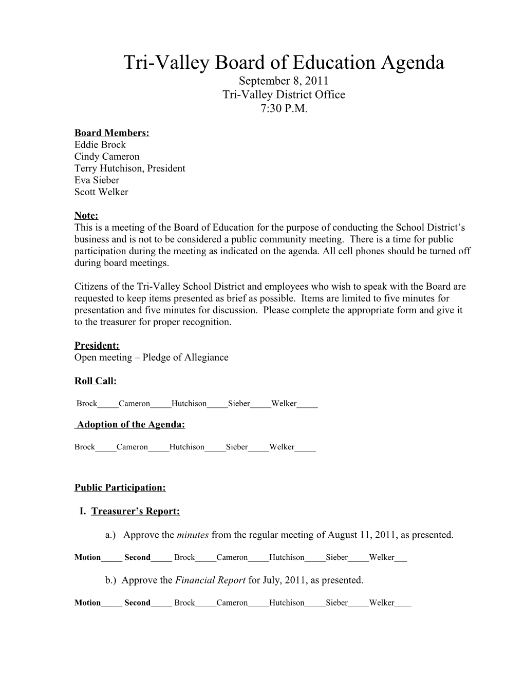 Tri-Valley Board of Education Agenda September 8, 2011