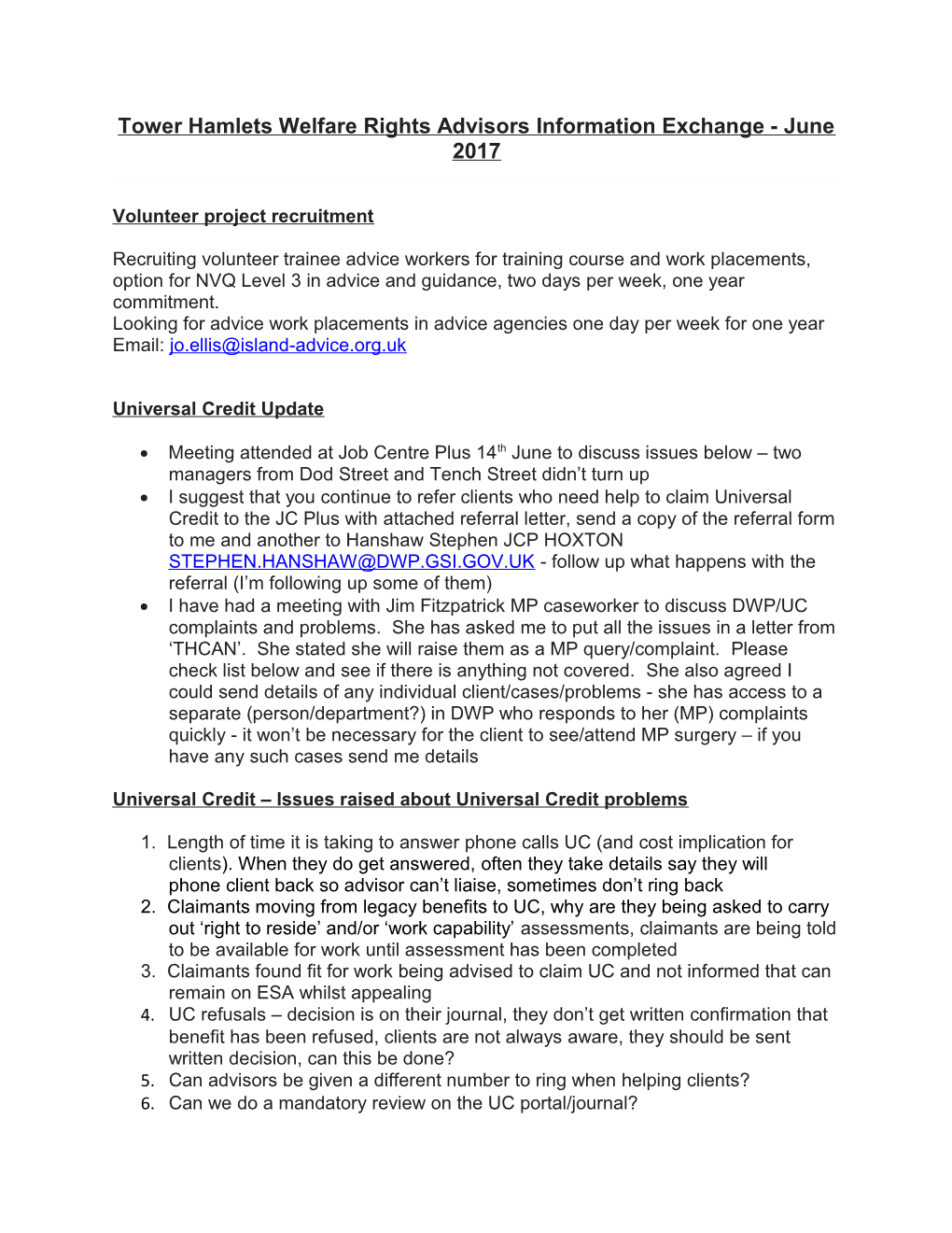 Tower Hamlets Welfare Rights Advisors Information Exchange - June 2017