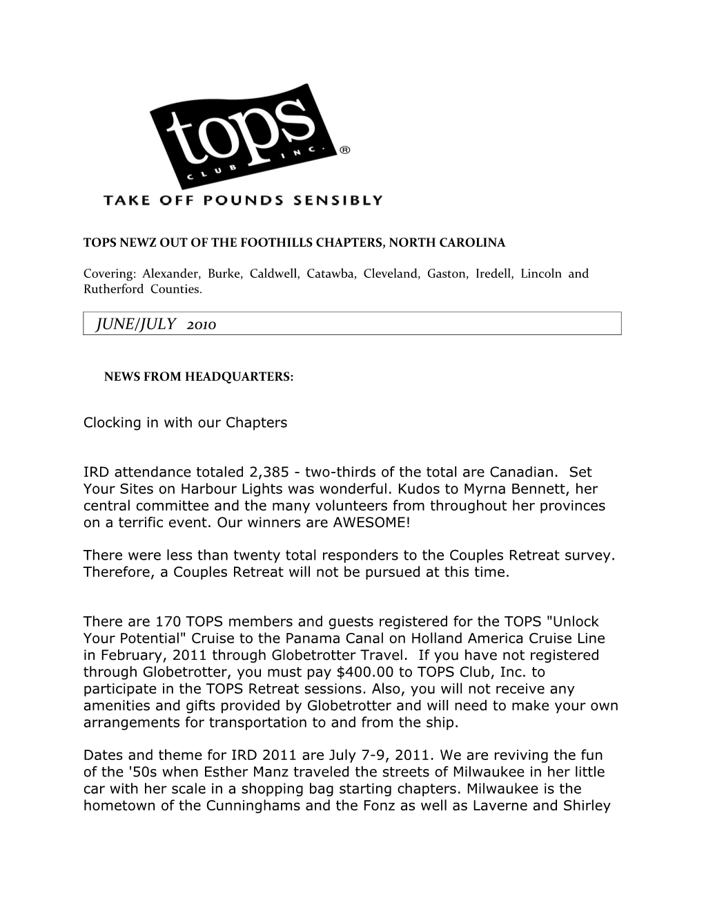 Tops Newz out of the Foothills Chapters, North Carolina