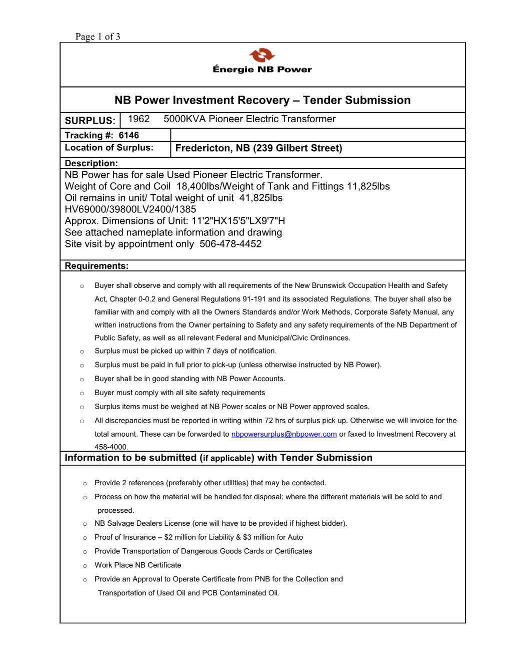 NB Power Investment Recovery Surplus Tender Template