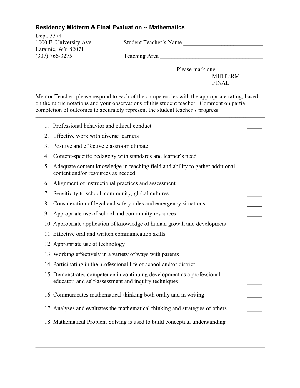 Residency Midterm & Final Evaluation Mathematics