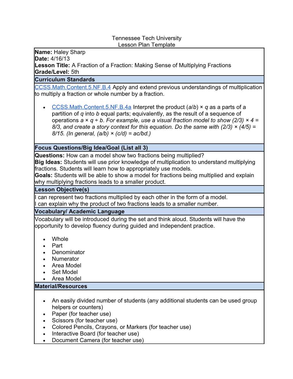 Tennessee Tech University Lesson Plan Template