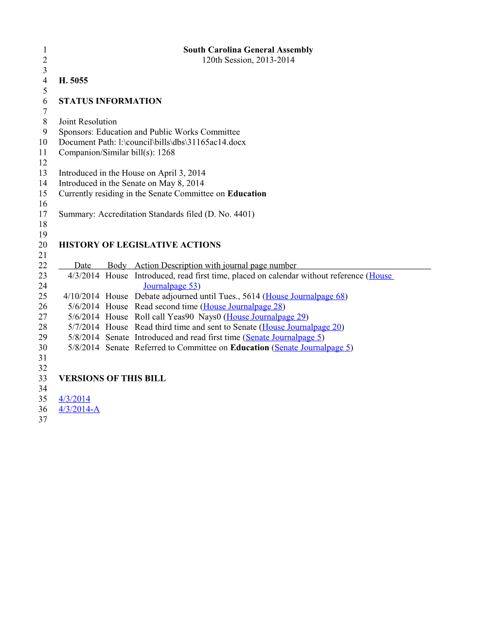 2013-2014 Bill 5055: Accreditation Standards Filed (D. No. 4401) - South Carolina Legislature