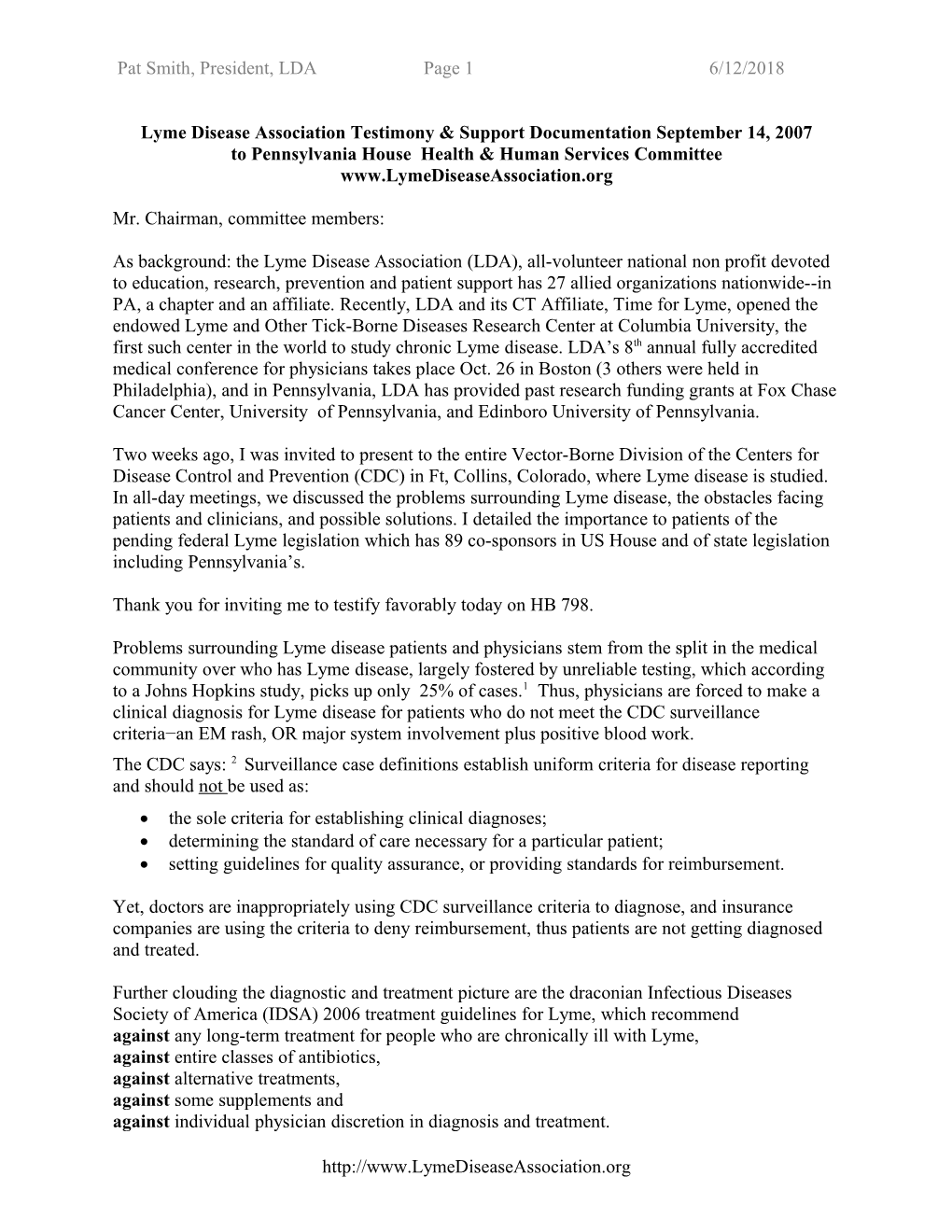 Lyme Disease Association Testimony September 14, 2007