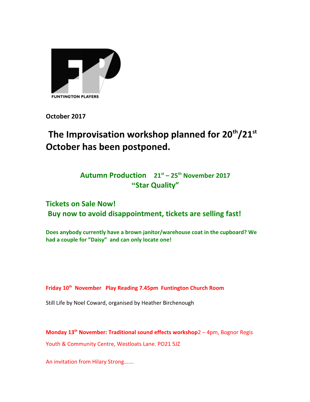 The Improvisation Workshop Planned for 20Th/21St October Has Been Postponed