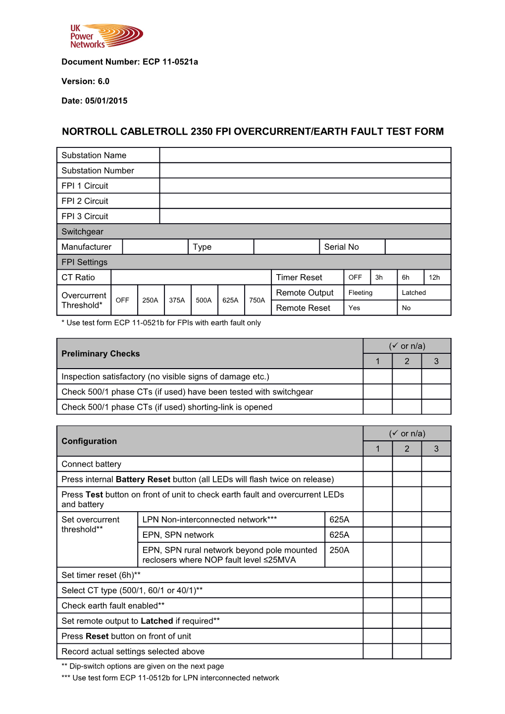 ECP 11-0521A Nortroll Cabletroll 2350 FPI Overcurrent/Earth Fault Test Form