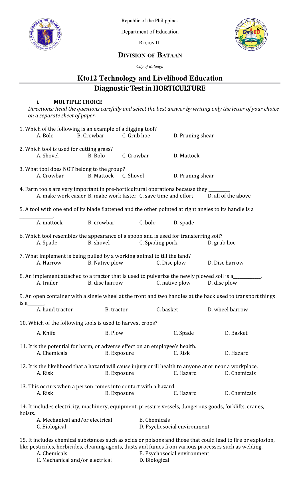 Diagnostic Test in HORTICULTURE