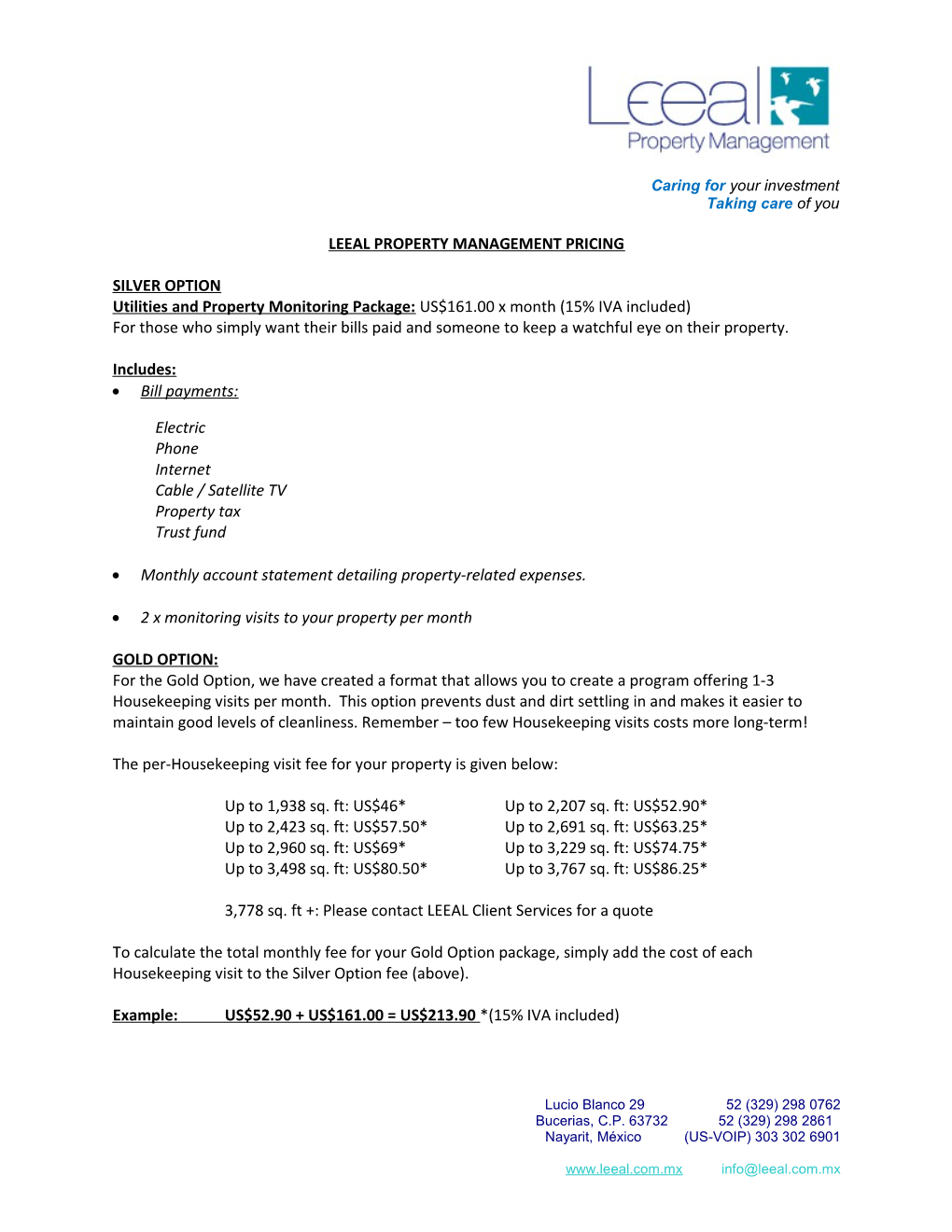 Leeal Property Management Pricing