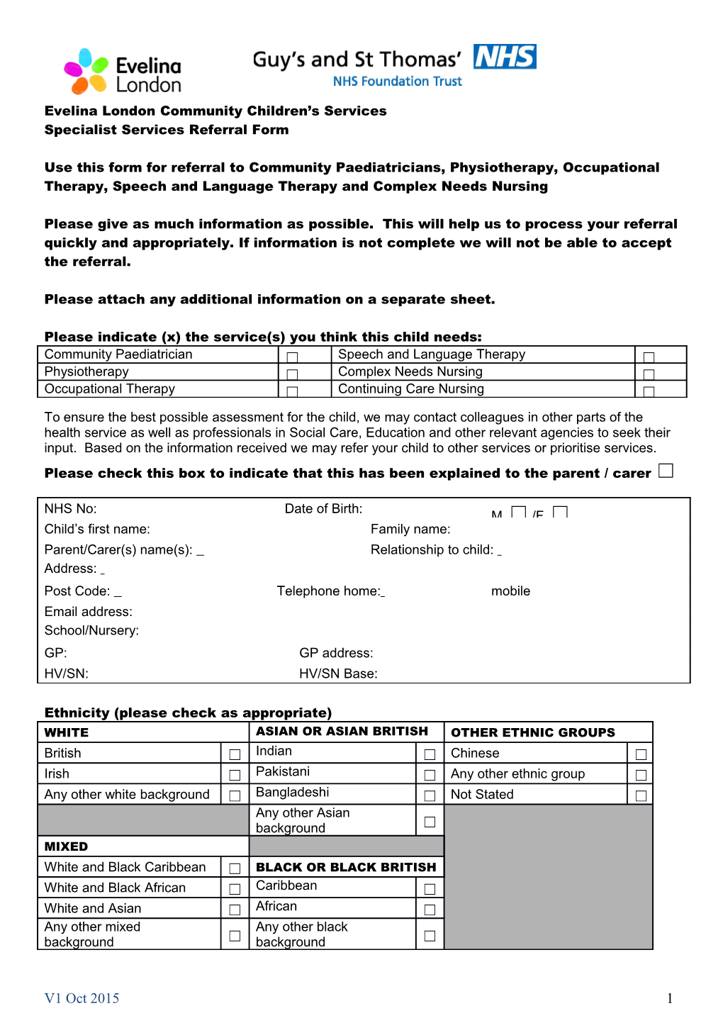 Evelina London Community Services Referral Form