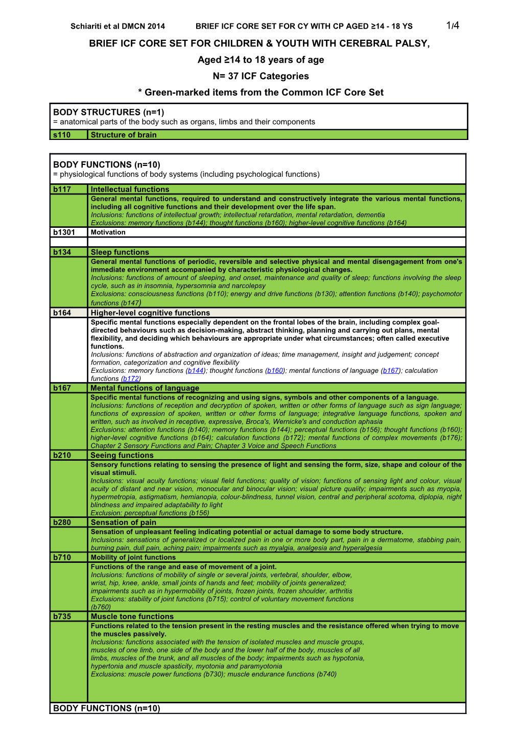 Schiariti Et Al DMCN 2014 BRIEF ICF CORE SET for CY with CP AGED 14 - 18 YS 1/3
