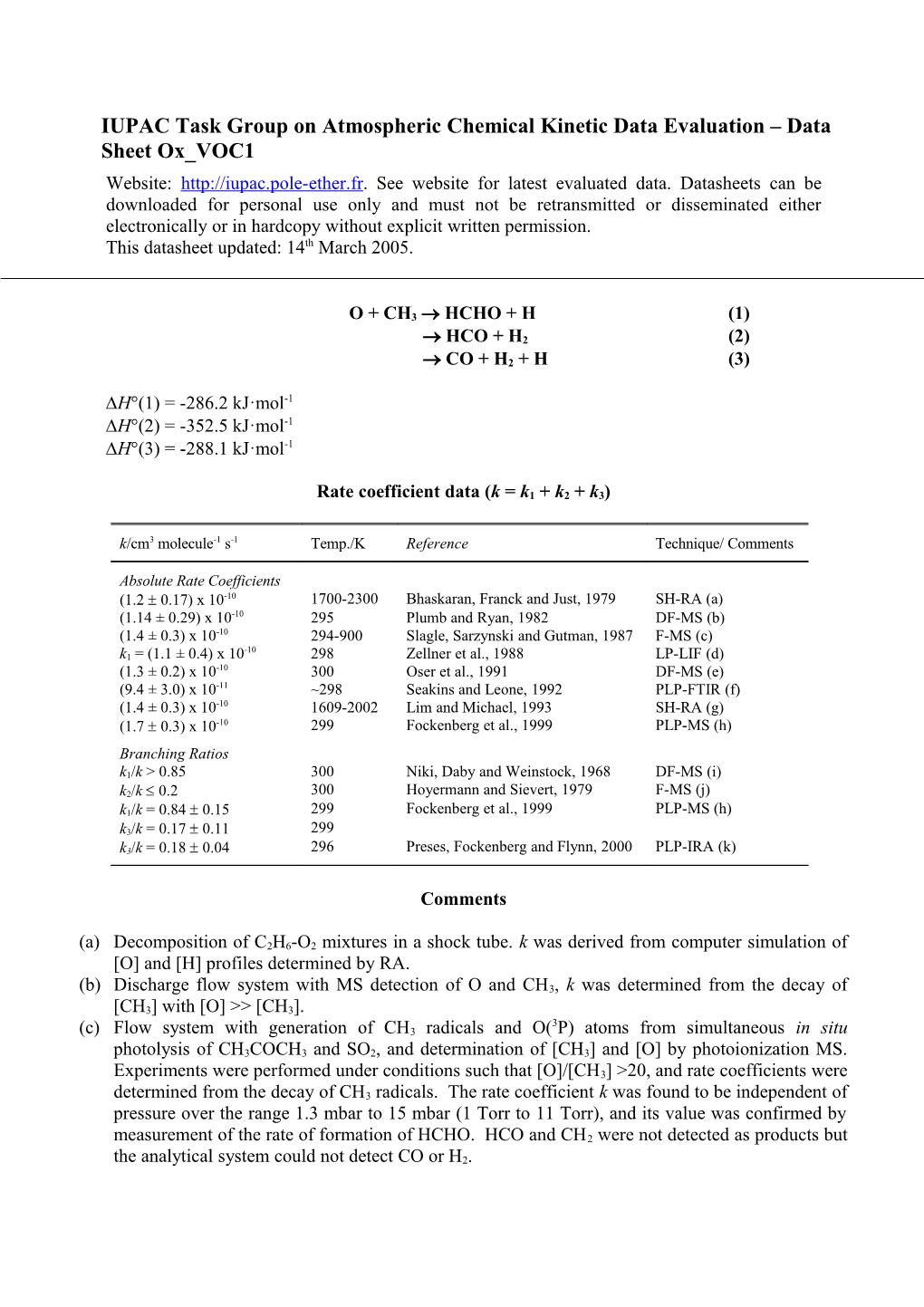 IUPAC Task Group on Atmospheric Chemical Kinetic Data Evaluation Data Sheet Ox VOC1