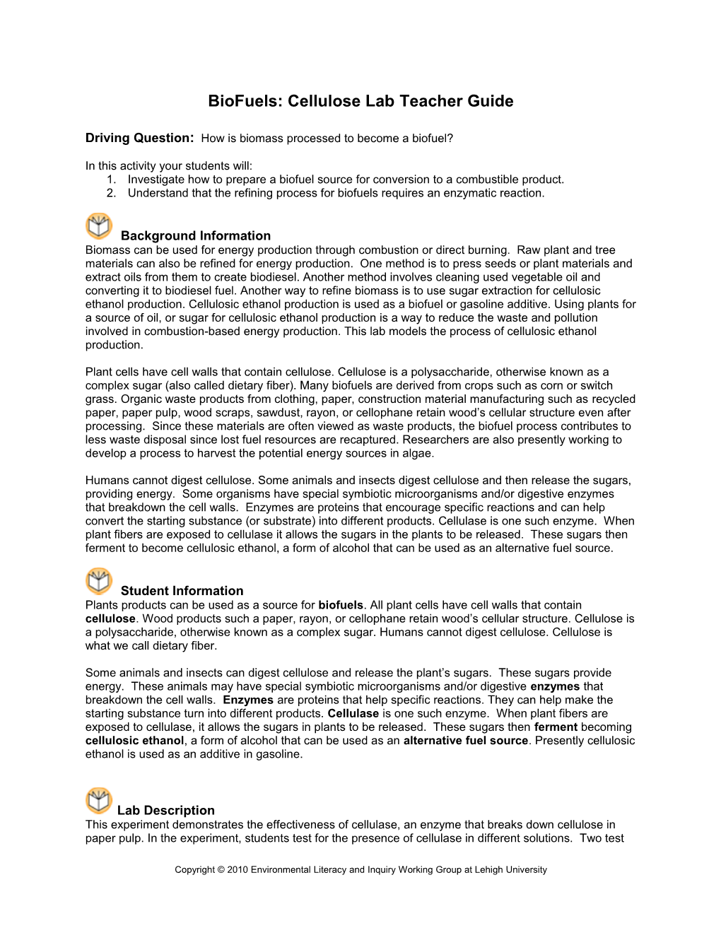 Biofuels: Cellulose Lab Teacher Guide