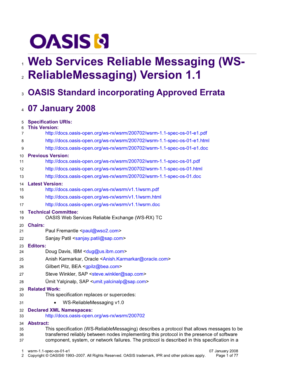 Web Services Reliable Messaging (WS-Reliablemessaging) Version 1.1