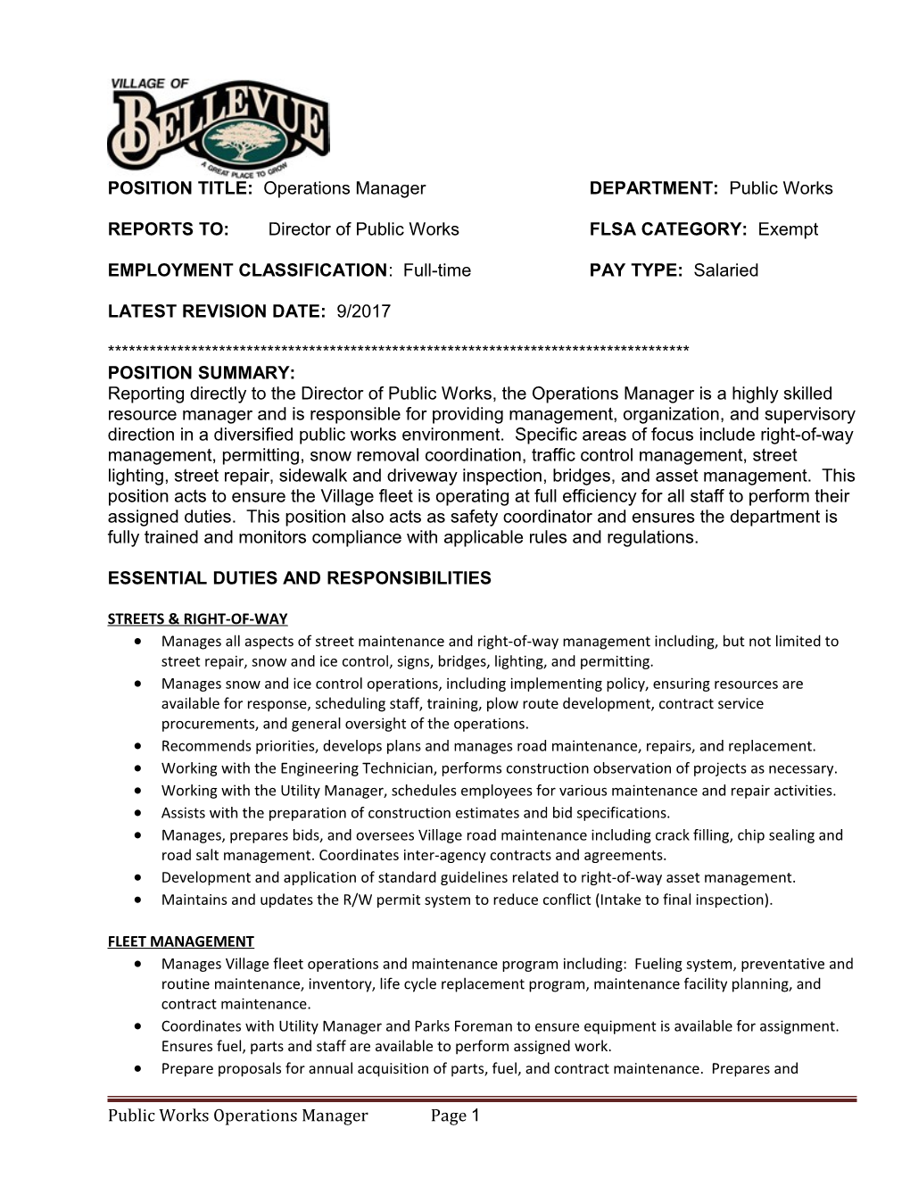 POSITION TITLE: Operations Managerdepartment: Public Works