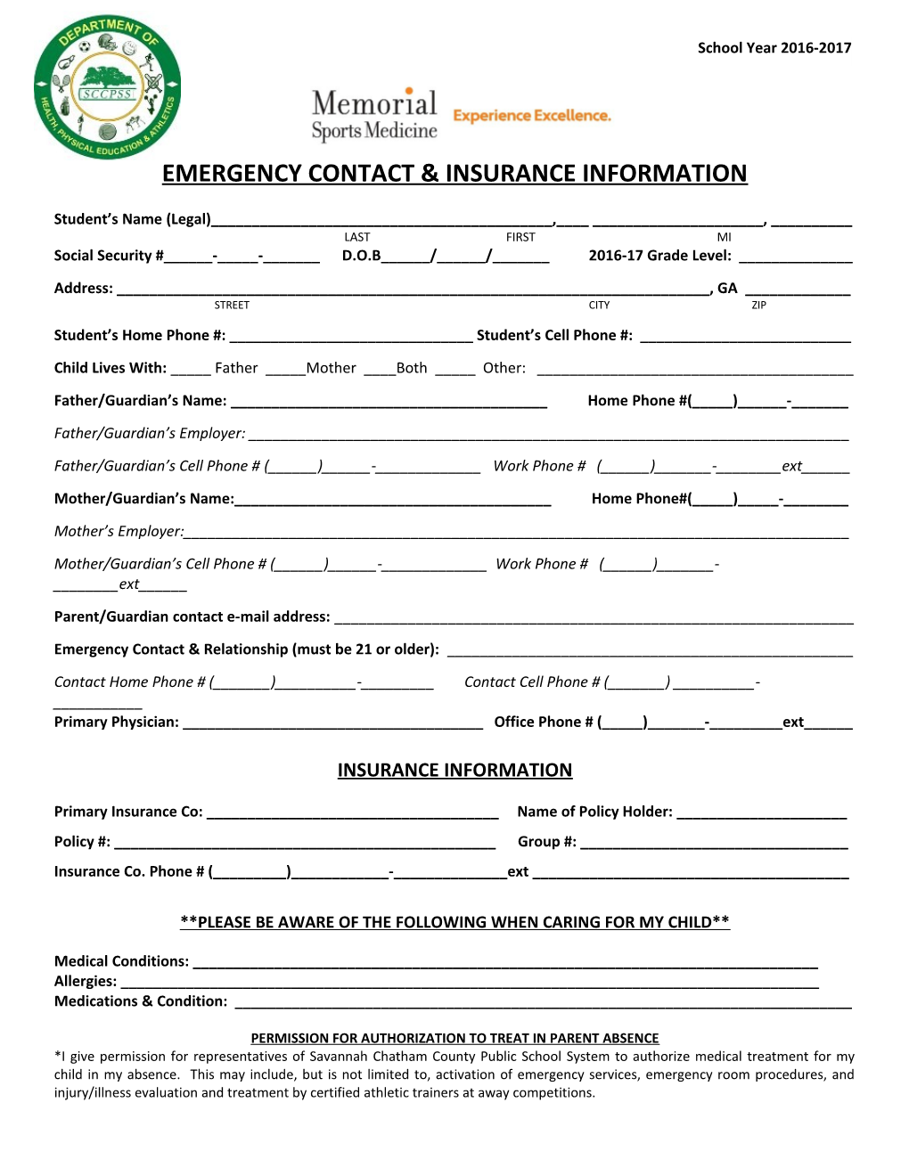 Emergency Contact & Insurance Information