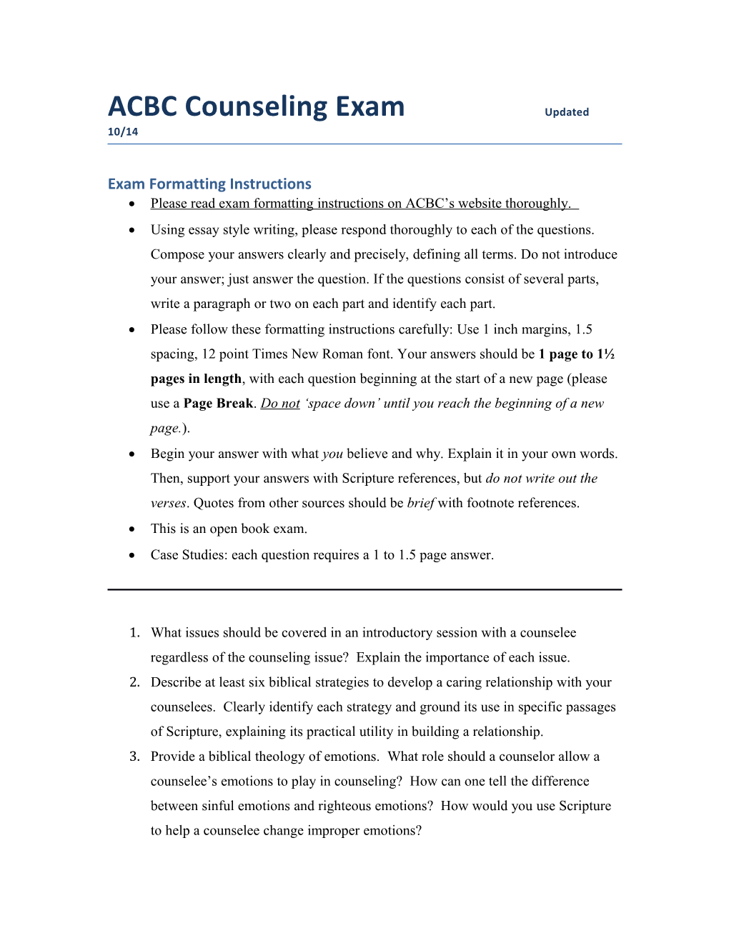 ACBC Counseling Exam Updated 10/14