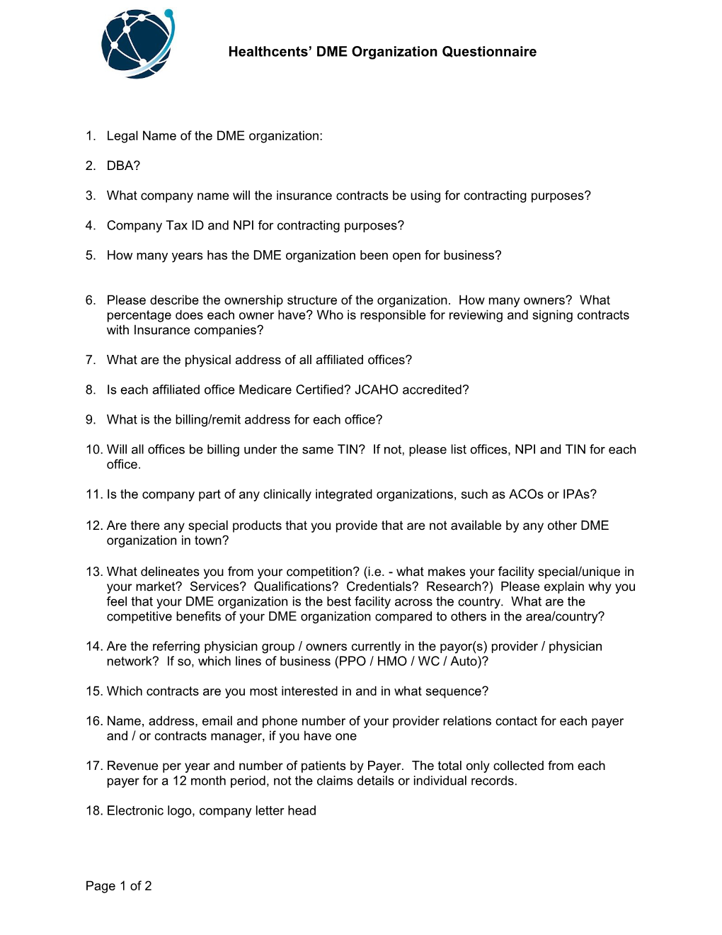 Healthcents DME Organizationquestionnaire