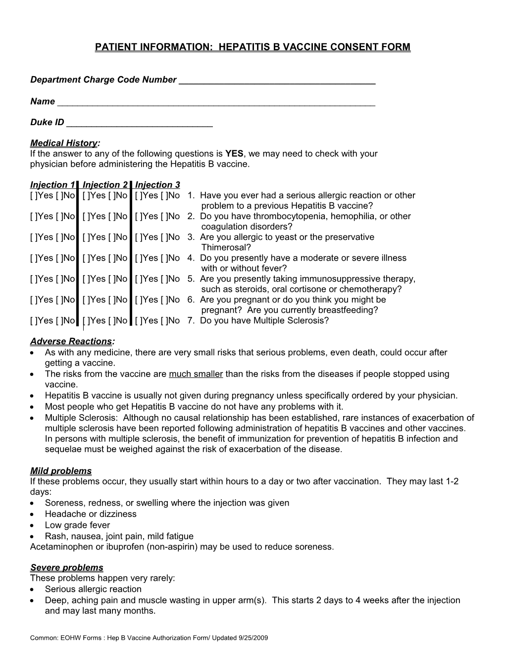 TETANUS and DIPHTHERIA VACCINE (Td) INFORMATION and CONSENT FORM