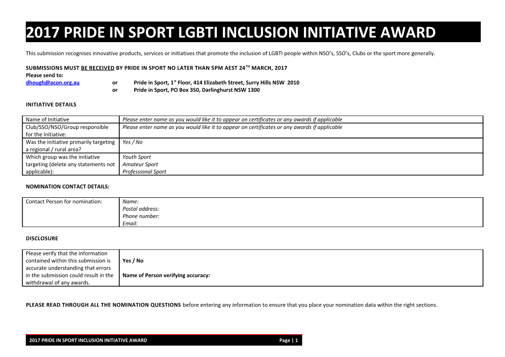 2017 Pride in Sport Lgbti Inclusion Initiative Award