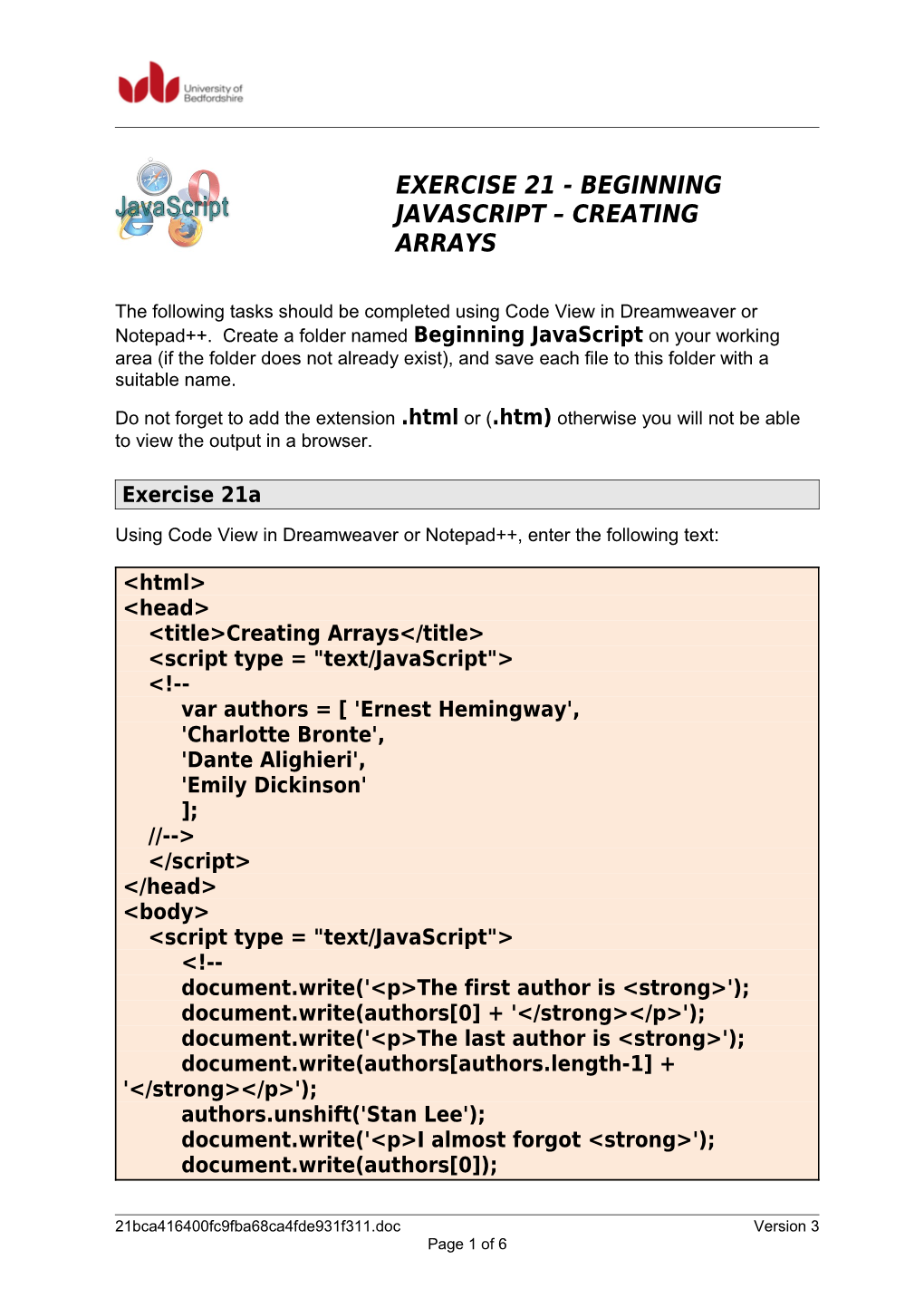 Exercise 21 - Beginning Javascript Creating Arrays