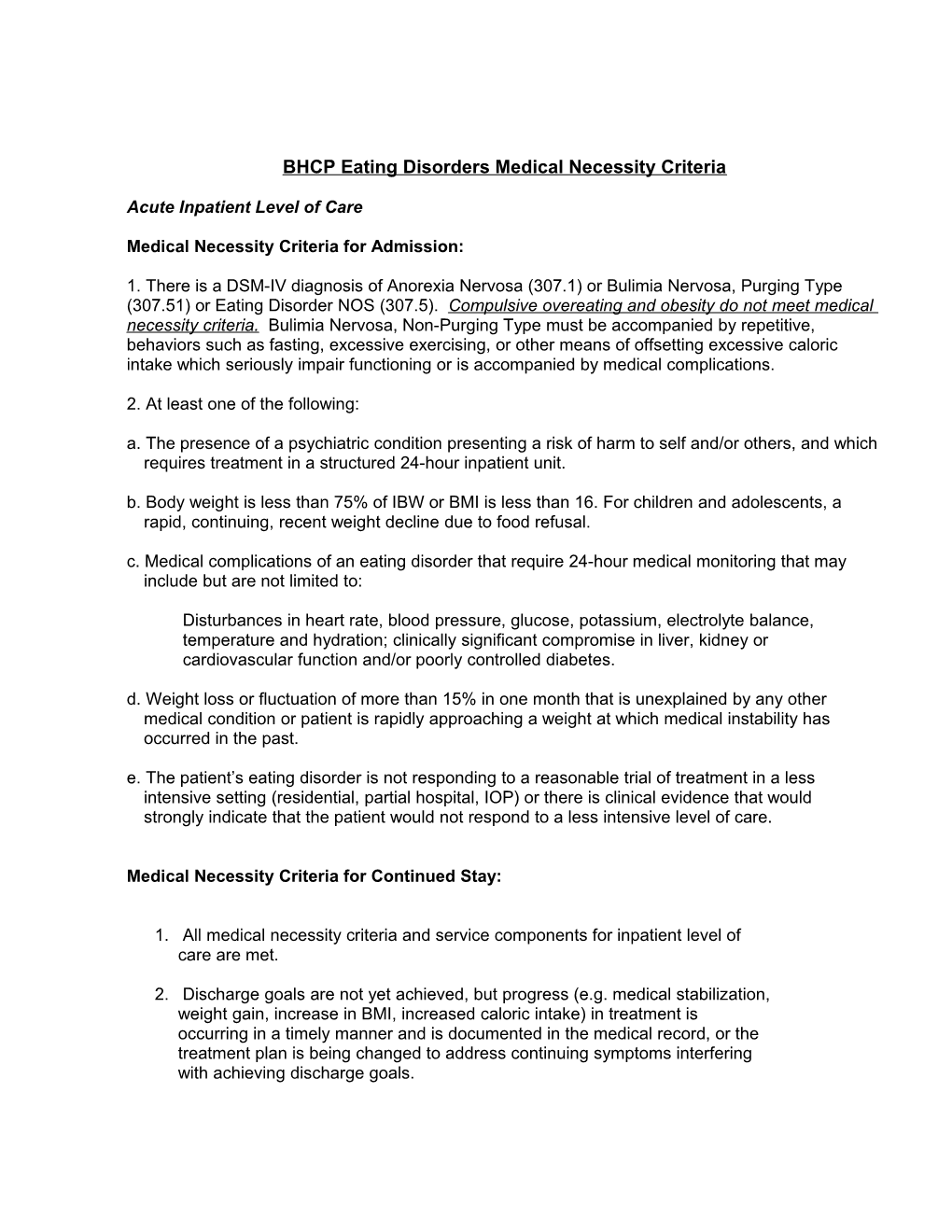 BHCP Eating Disorders Medical Necessity Criteria
