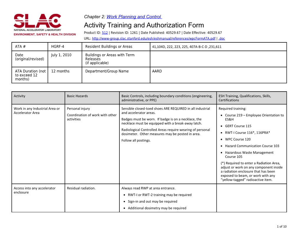 Activity Training and Authorization Form