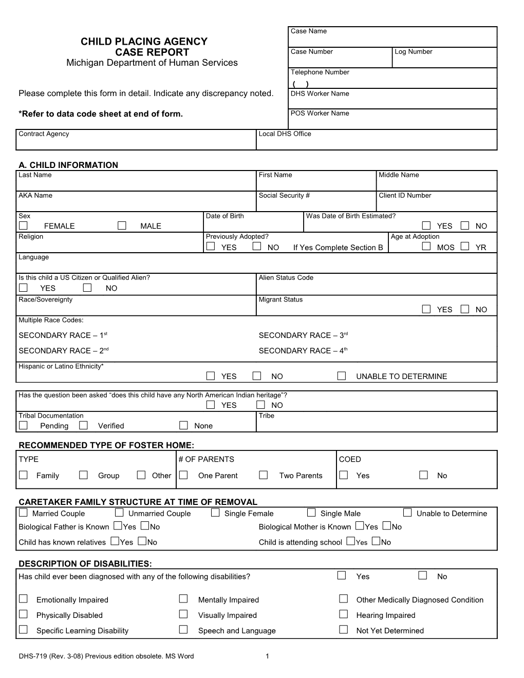 DHS-0719, Child Placing Agency Case Report