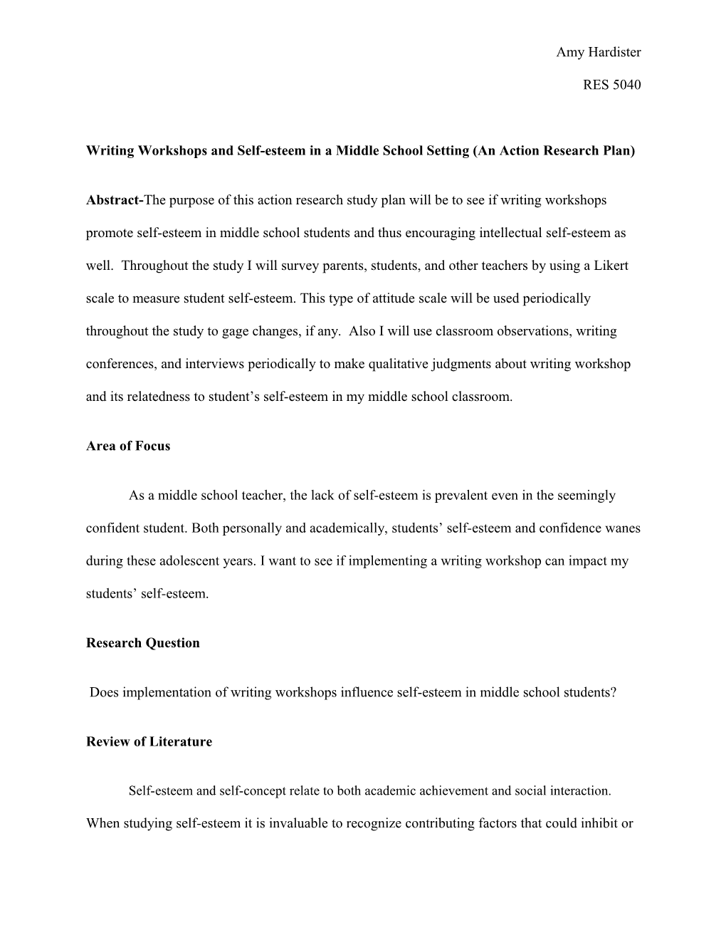 Writing Workshops and Self-Esteem in a Middle School Setting (An Action Research Plan)