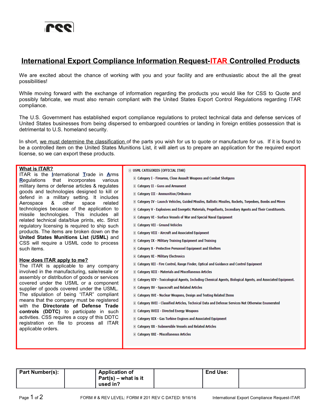 International Export Compliance Information Request-ITAR Controlled Products
