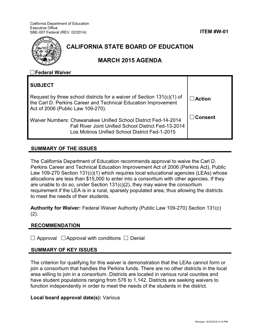 March 2015 Waiver Item W-01 - Meeting Agendas (CA State Board of Education)