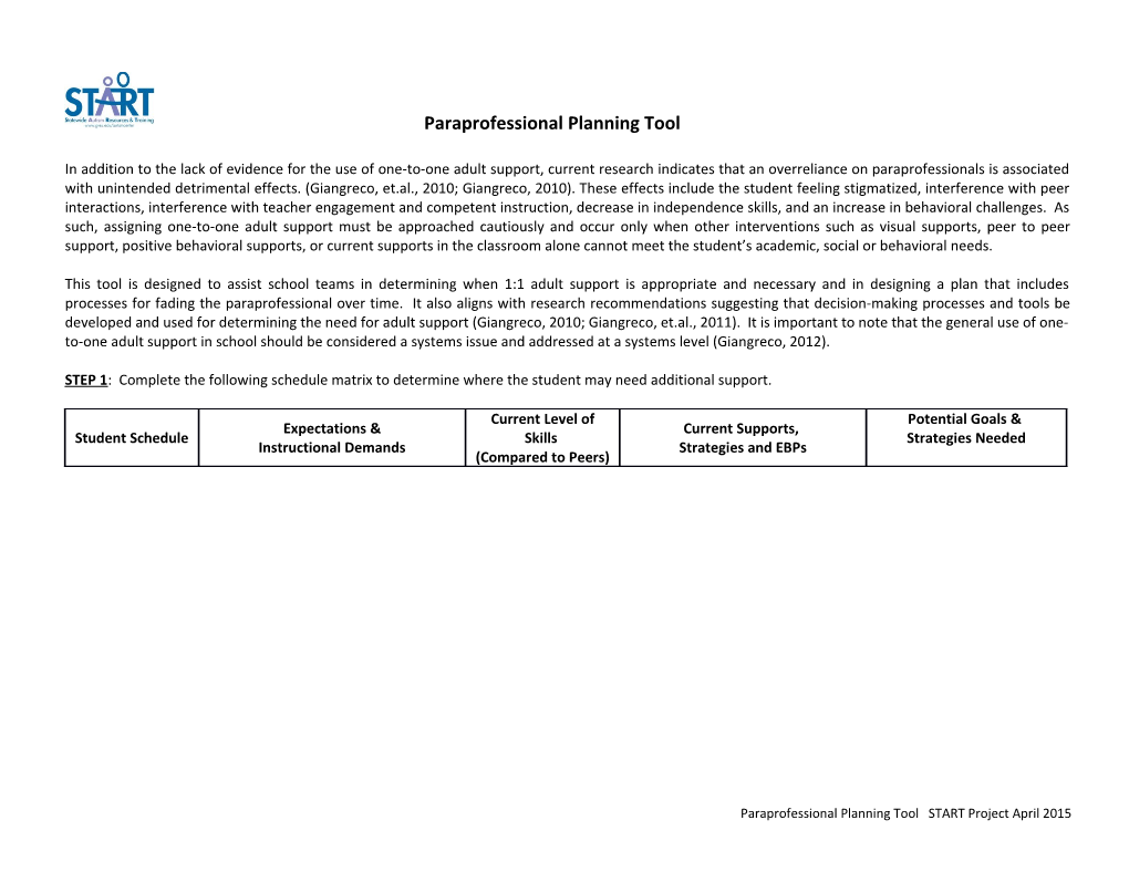 Paraprofessional Planning Tool