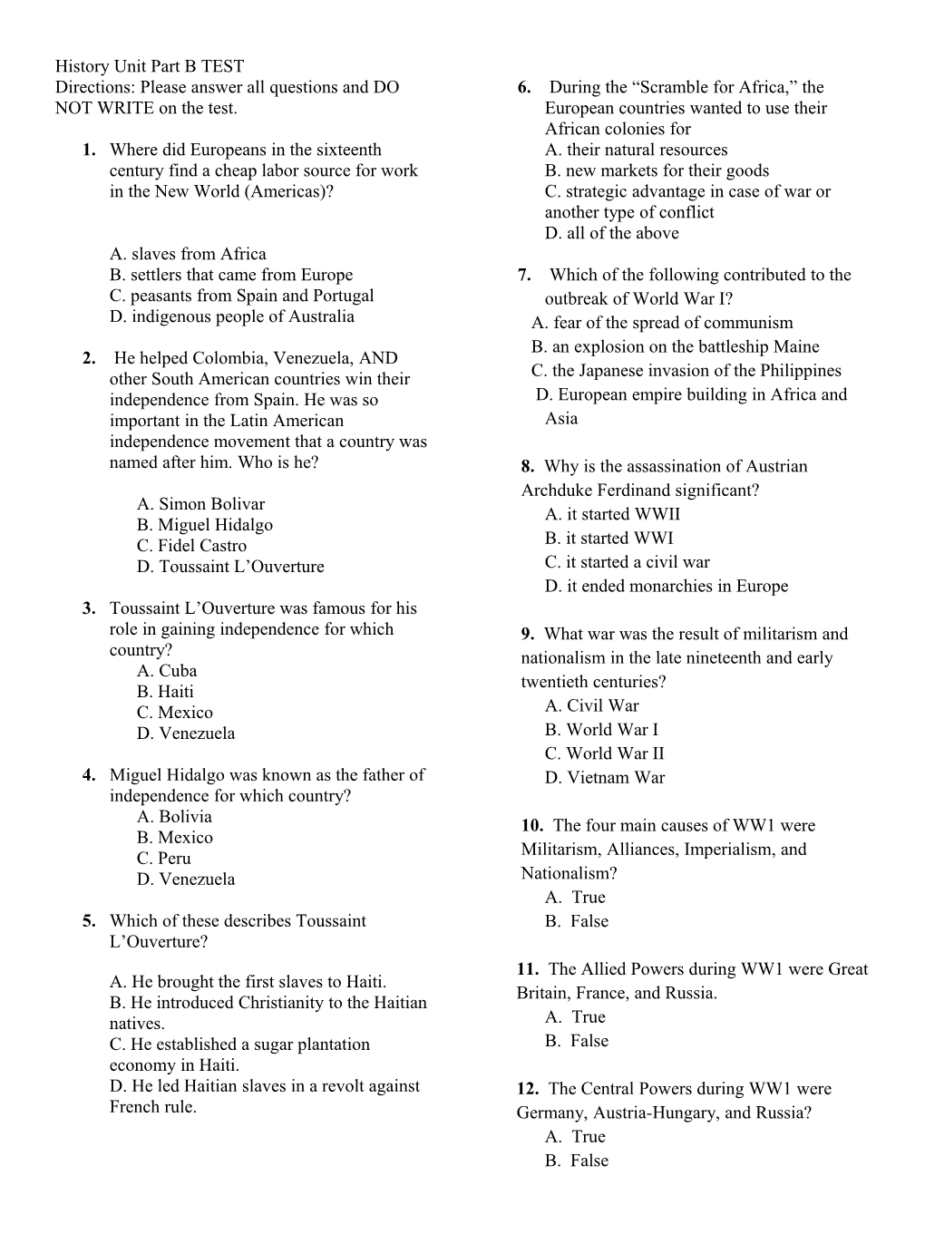 History Test 6Th Grade SS6H1-SS6H9