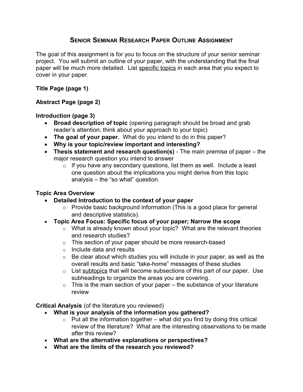 Senior Seminar Research Paper Outline Assignment