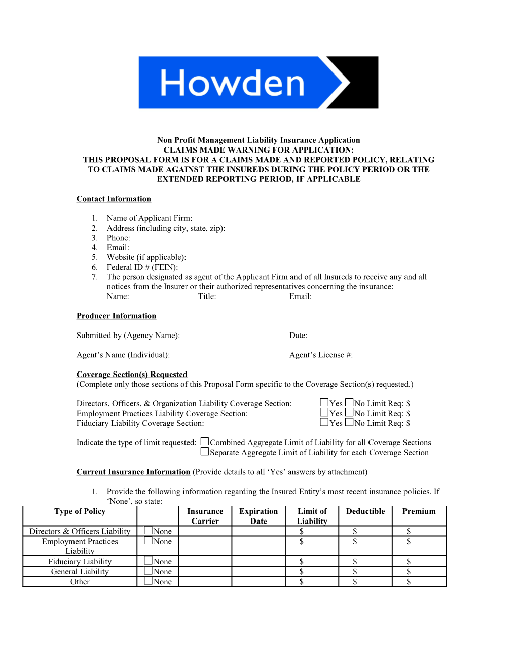 Non Profit Management Liability Insurance Application