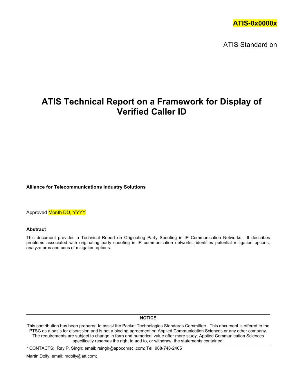 ATIS Technical Report on a Framework for Display of Verified Caller ID