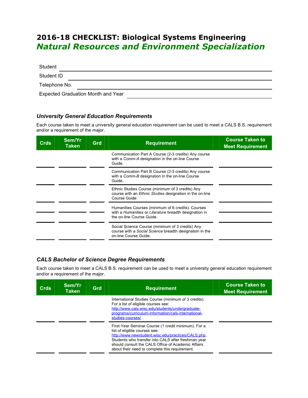 2016-18 CHECKLIST: Biological Systems Engineering