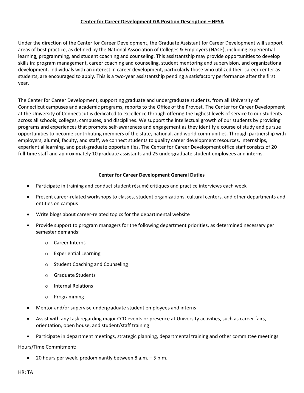 Center for Career Development GA Position Description HESA