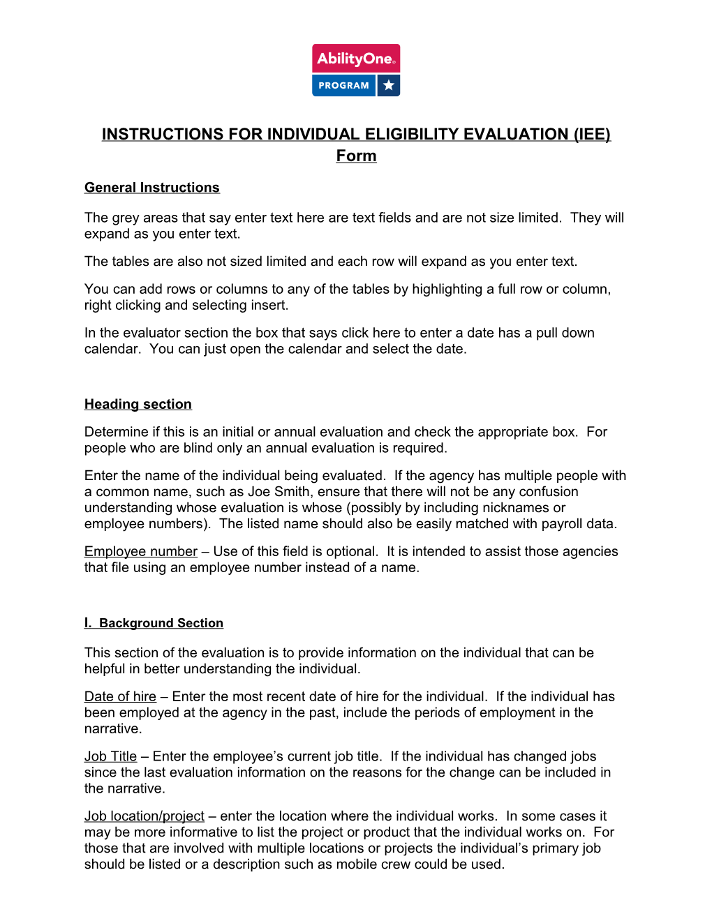 INSTRUCTIONS for INDIVIDUAL ELIGIBILITY EVALUATION (IEE) Form