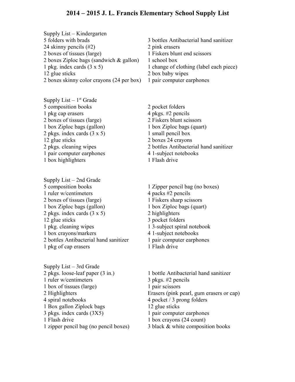 Supply List 1St Grade